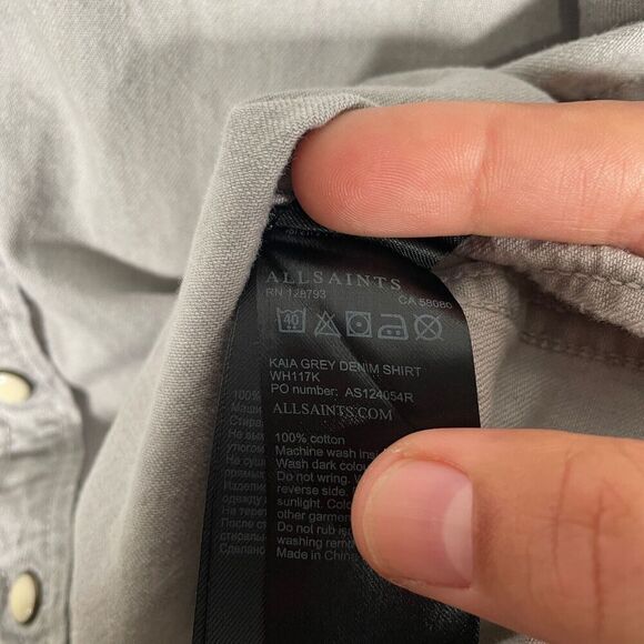 All Saints Grey Denim Shirt Womens Size 2 Long Sleeve Snap Button Distressed - Picture 9 of 12